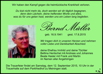 Traueranzeige von Bernd Müller von Südthüringer Presse