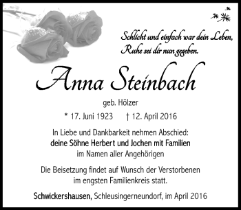 Traueranzeige von Anna Steinbach von Südthüringer Presse