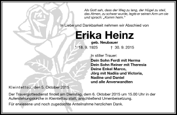 Traueranzeige von Erika Heinz von Neue Presse Coburg