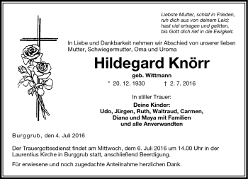 Traueranzeige von Hildegard Knörr von Neue Presse Coburg