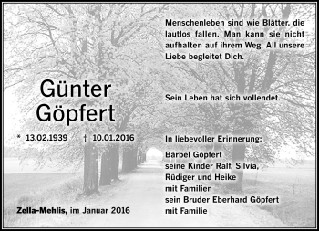 Traueranzeige von Günter Göpfert von Südthüringer Presse