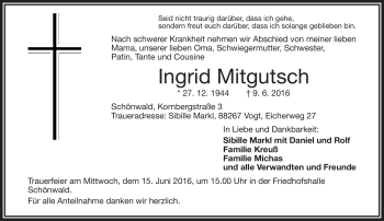 Traueranzeige von Ingrid Mitgutsch von Frankenpost