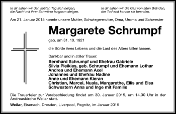Traueranzeige von Margarete Schrumpf von Südthüringer Presse