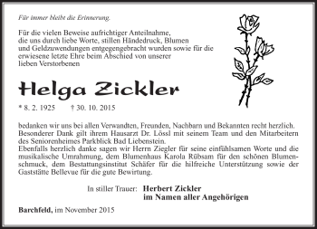 Traueranzeige von Helga Zickler von Südthüringer Presse