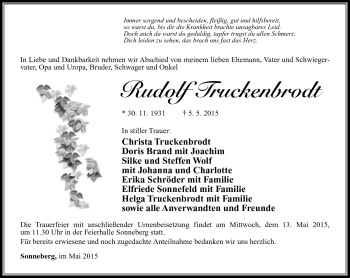 Traueranzeige von Rudolf Truckenbrodt von Südthüringer Presse