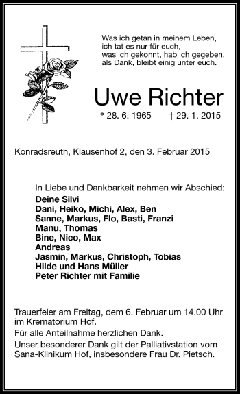 Traueranzeige von Uwe Richter von Frankenpost