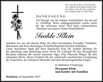 Traueranzeige von Isolde Klein von Südthüringer Presse