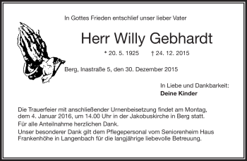 Traueranzeige von Willy Gebhardt von Frankenpost