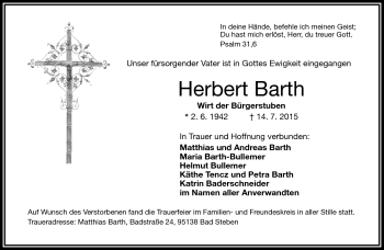 Traueranzeige von Herbert Barth von Frankenpost