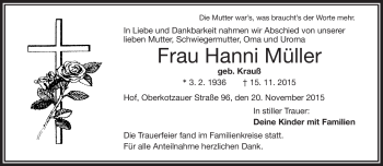 Traueranzeige von Hanni Müller von Frankenpost