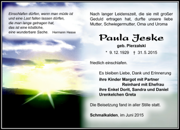 Traueranzeige von Paula Jeske von Südthüringer Presse
