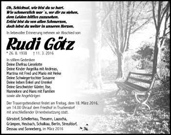Traueranzeige von Rudi Götz von Südthüringer Presse