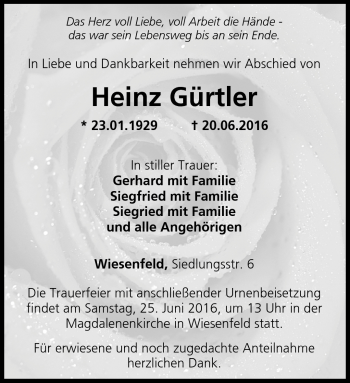 Traueranzeige von Heinz Gürtler von Neue Presse Coburg
