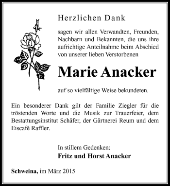 Traueranzeige von Marie Anacker von Südthüringer Presse