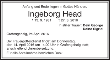 Traueranzeige von Ingeborg Head von Frankenpost