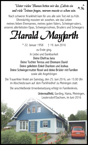 Traueranzeige von Harald Mayfarth von Südthüringer Presse