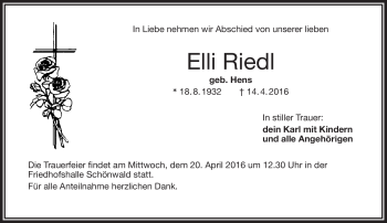 Traueranzeige von Elli Riedl von Frankenpost