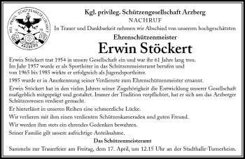 Traueranzeige von Erwin Stöckert von Frankenpost