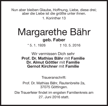Traueranzeige von Margarethe Bähr von Neue Presse Coburg