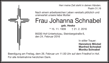 Traueranzeige von Johanna Schnabel von Frankenpost
