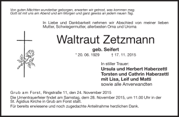 Traueranzeige von Waltraut Zetzmann von Neue Presse Coburg