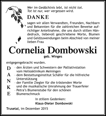Traueranzeige von Cornelia Dombowski von Südthüringer Presse