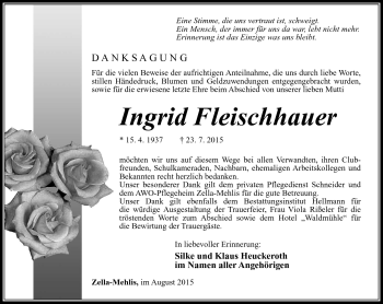 Traueranzeige von Ingrid Fleischhauer von Südthüringer Presse
