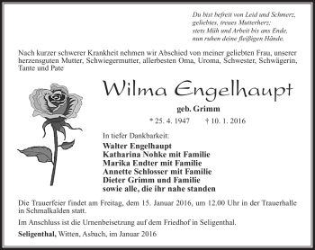 Traueranzeige von Wilma Engelhaupt von Südthüringer Presse