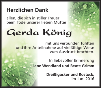 Traueranzeige von Gerda König von Südthüringer Presse