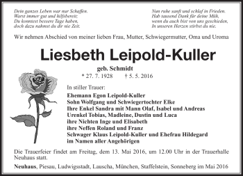 Traueranzeige von Liesbeth Leipold-Kuller von Südthüringer Presse