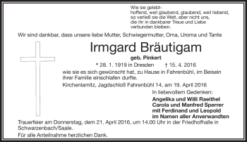 Traueranzeige von Irmgard Bräutigam von Frankenpost