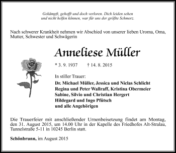 Traueranzeige von Anneliese Müller von Südthüringer Presse