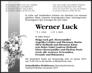 Traueranzeige von Werner Luck von Südthüringer Presse