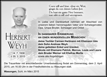 Traueranzeige von Herbert Weyh von Südthüringer Presse