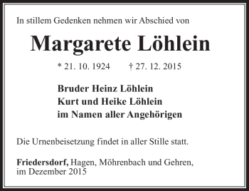 Traueranzeige von Margarete Löhlein von Südthüringer Presse