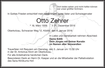 Traueranzeige von Otto Zehrer von Frankenpost