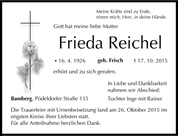 Traueranzeige von Frieda Reichel von Frankenpost