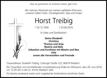 Traueranzeige von Horst Treibig von Neue Presse Coburg