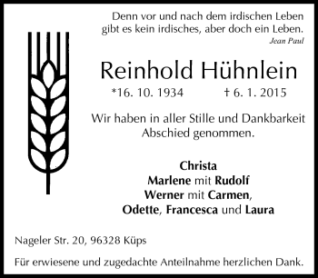 Traueranzeige von Reinhold Hühnlein von Neue Presse Coburg