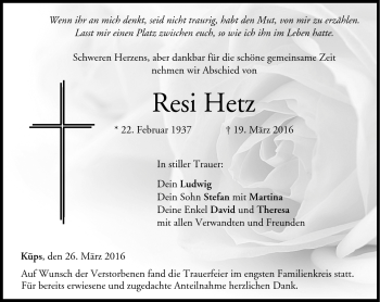 Traueranzeige von Resi Herz von Neue Presse Coburg