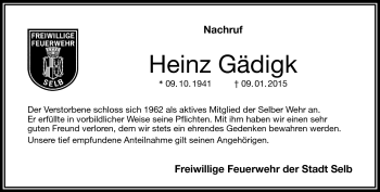 Traueranzeige von Heinz Gädigk von Frankenpost