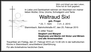 Traueranzeige von Waltraud Sixl von Frankenpost
