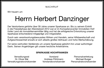 Traueranzeige von Herbert Danzinger von Frankenpost