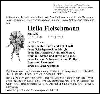 Traueranzeige von Hella Fleischmann von Südthüringer Presse
