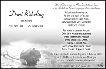 Traueranzeige von Dorit Röhrling von Südthüringer Presse