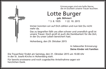 Traueranzeige von Lotte Burger von Frankenpost
