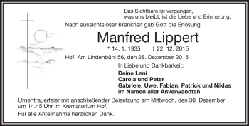 Traueranzeige von Manfred Lippert von Frankenpost