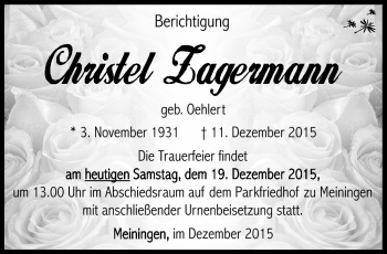 Traueranzeige von Christel Zagermann von Südthüringer Presse