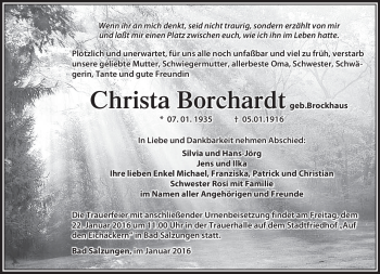 Traueranzeige von Christa Borchardt von Südthüringer Presse