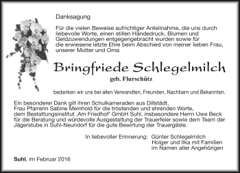 Traueranzeige von Bringfriede Schlegelmich von Südthüringer Presse
